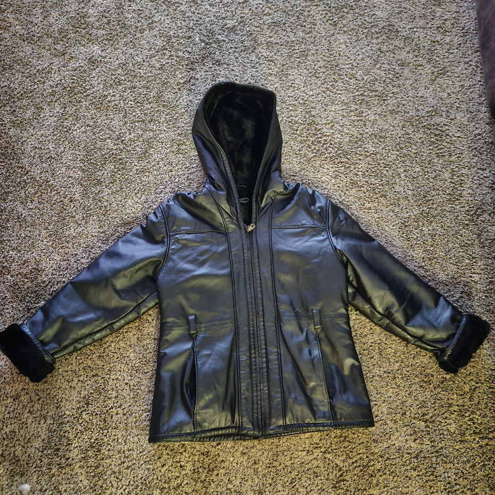 Wilsons Leather Black Hooded Jacket with Faux Fur Trim